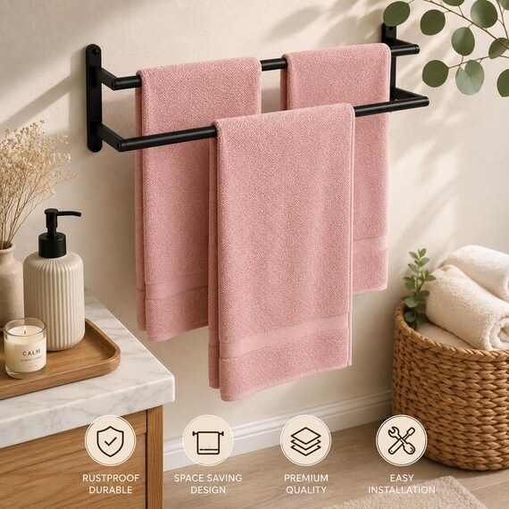 Double Towel Bar Wall Mounted Matte Black Towel Rack Bathroom Organizer