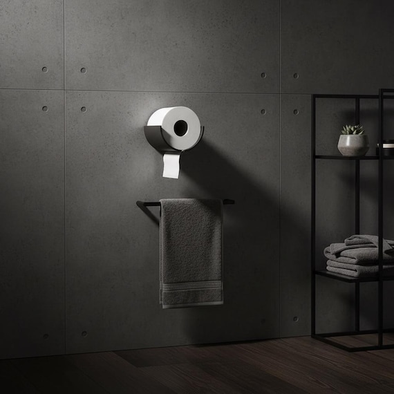 Matte Black Toilet Paper Holder, Modern Wall Mount Bathroom Decor, Minimalist Front Load Rack