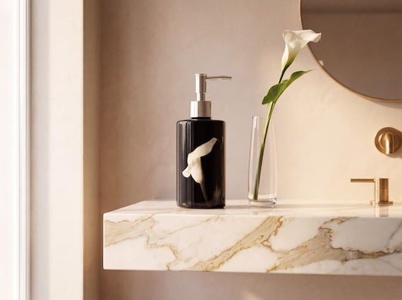 Black Ceramic Soap Dispenser | Glossy Calla Lily Pump Bottle | Modern Luxury Bathroom Decor | Lotion Dispenser Gift | Housewarming Gift