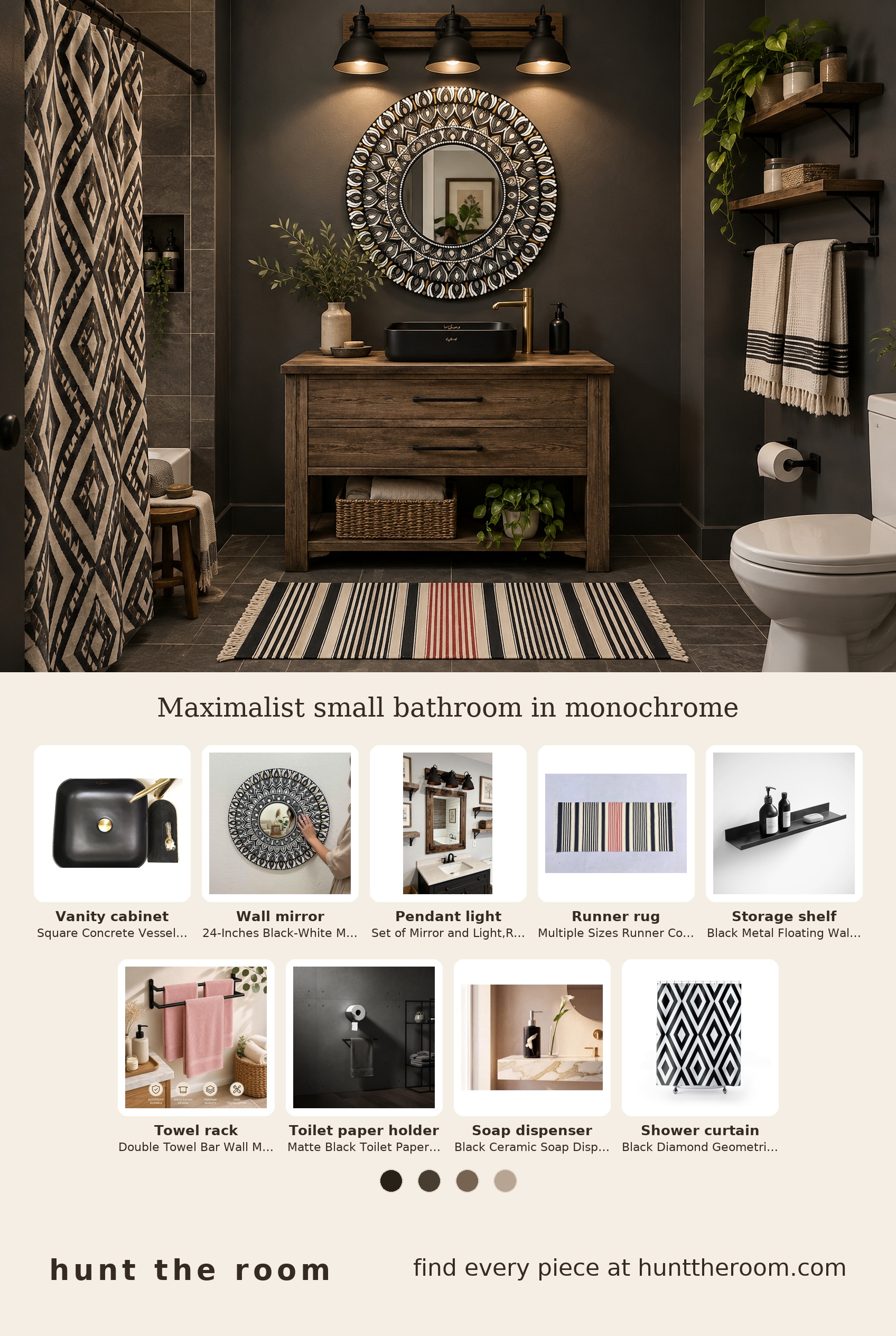 Flat-lay image of a square black concrete vessel sink with a brass drain, a black and white round mandala mirror, a rustic black triple pendant light fixture, a striped black white and red cotton runner, a slim black floating wall shelf, a matte black double towel bar with pink towels, a matte black toilet paper holder, a glossy black ceramic soap dispenser and a black and white diamond geometric shower curtain.