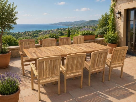 Teak Gartenmöbel Set 9-teilig – Ausziehtisch 200–260 x 100 cm ,8 stapelbare Teakstühle | Massivholz Esstisch für Terrasse & Garten