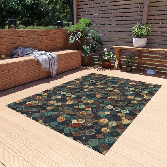Mediterranean Mosaic Outdoor Rug: Teal & Terracotta Patio Deck Rug