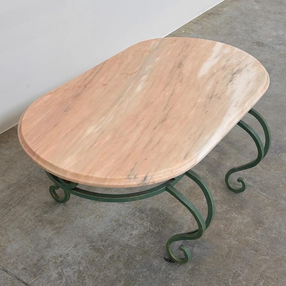 Vintage Pink Marble & Green Wrought Iron Coffee Table, 1970s