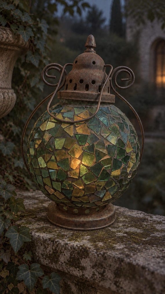 Vintage Green Mosaic Garden Lantern, Boho Glass Candle Holder, Weathered Metal Patio Decor, Moroccan Style Hanging Lantern