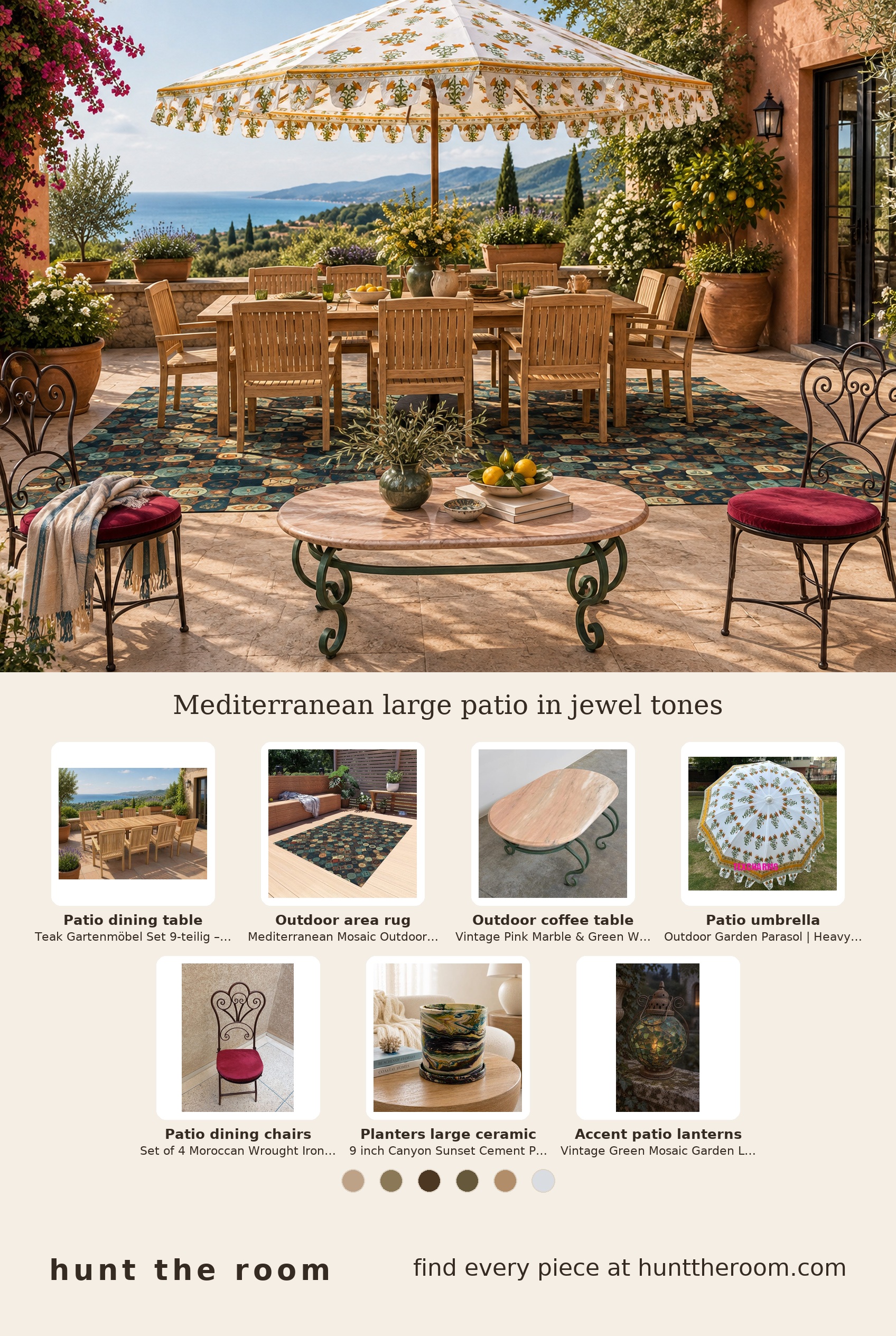Flat lay of a large teak wood dining table with eight matching chairs surrounding it, a teal and terracotta mosaic outdoor rug, a vintage pink marble-topped wrought iron coffee table, a white patterned heavy-duty patio umbrella, a large jewel-toned cement planter, and a green mosaic garden lantern.