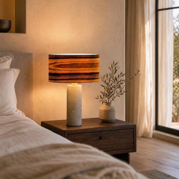 Olive Ash Wood and Concrete Table Lamp | Mediterranean Luxury Bedside Light
