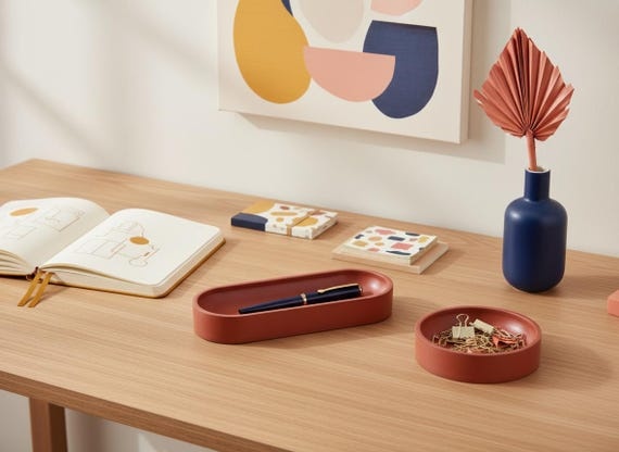 Retro-Modern Terracotta Desk Organizer Set of Two , Minimal Geometric Home Office Decor