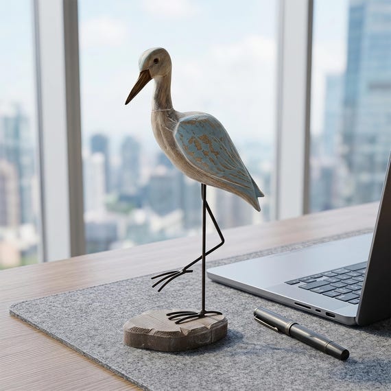 Mediterranean Wooden Bird Decor, Distressed Blue Shorebird Statue, Coastal Desk Accent, Housewarming Gift