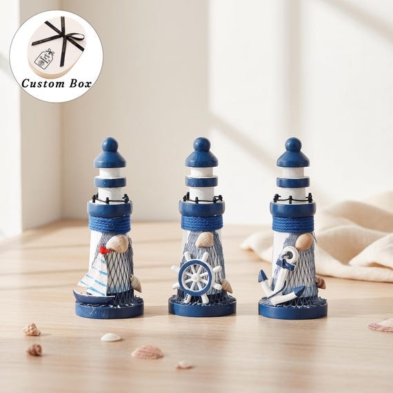 Mediterranean Wood Lighthouse Decor, Nautical Miniature Shelf Accent, Rustic Beach House Ornament, Sea Theme Desk Beacon, Gift for Sailors