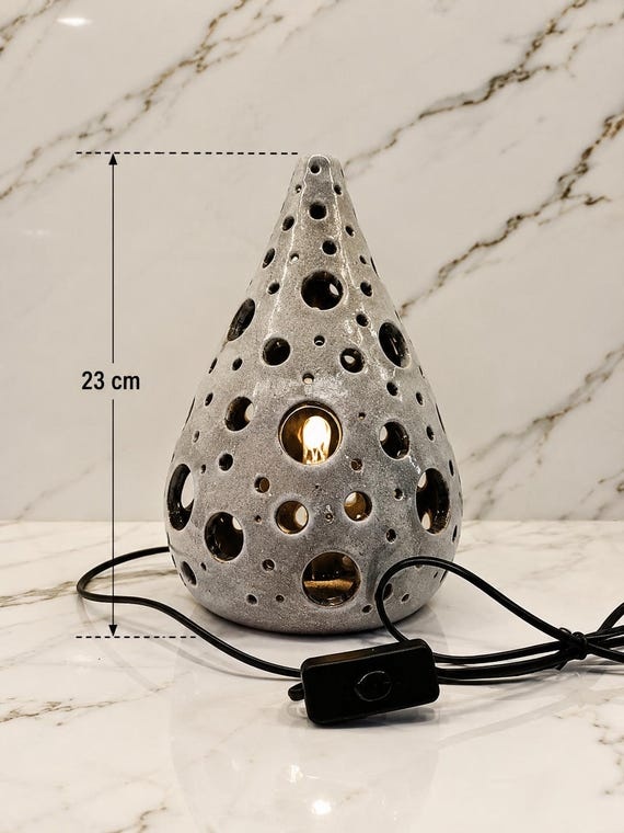 Handmade Ceramic Table Lamp, Modern Pottery Mood Light, Gray Clay Accent Lamp, Unique Night Light, Home Decor, 23 cm Gift Idea
