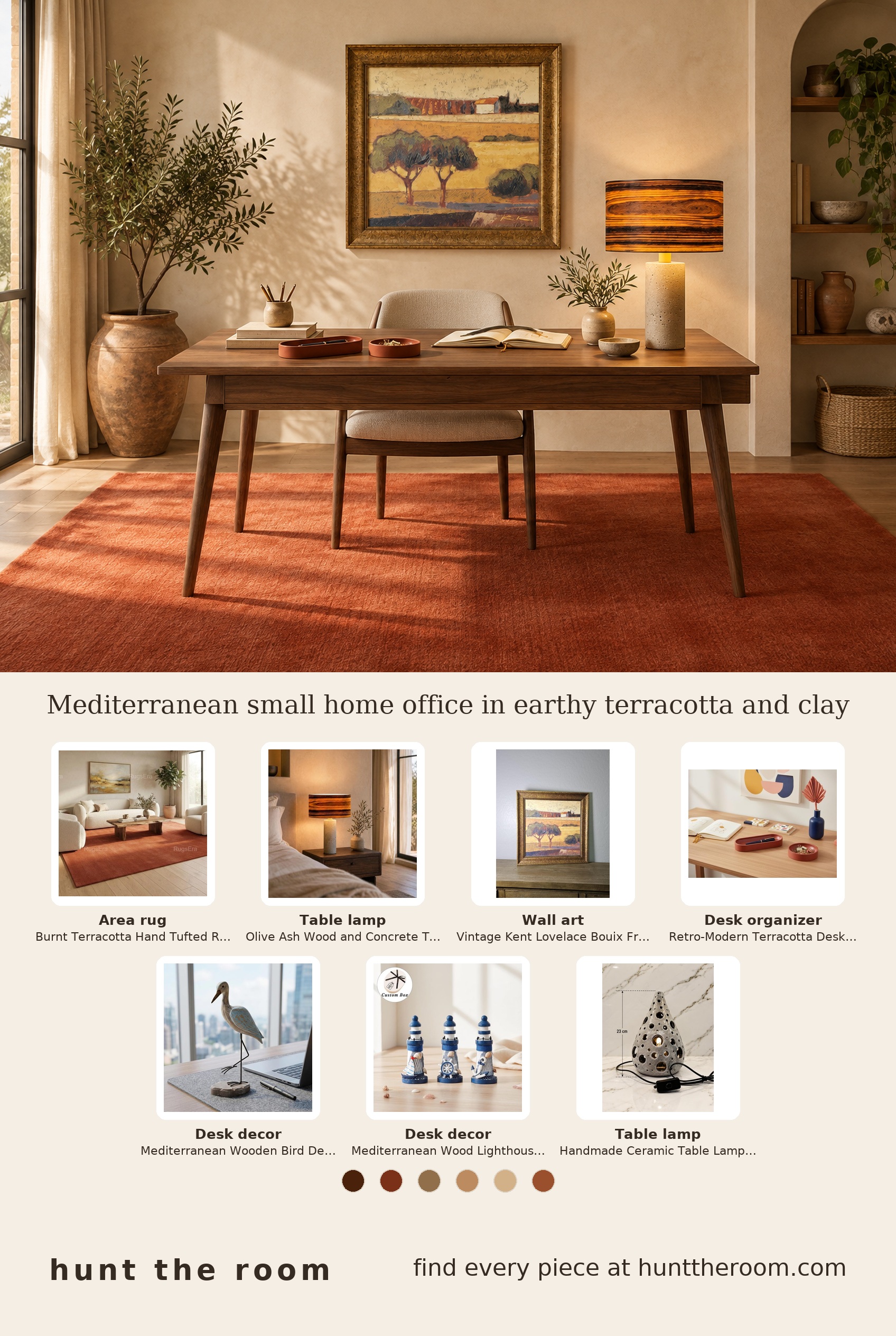 Flat lay image showing terracotta area rug, concrete and olive ash wood table lamp, framed Mediterranean landscape wall art, minimalist terracotta desk organizers, wooden shorebird decor, wooden lighthouse decor, and gray ceramic table lamp.