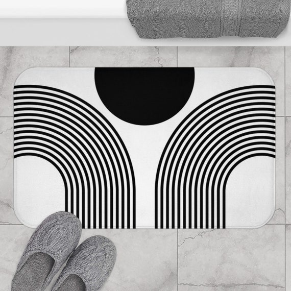 Boho Bath Mat, Black and White Mid Century Modern Bath Rug, Abstract Sun Rainbows Bohemian Shower Mat, Mcm Modern Minimalist Bathroom Rug