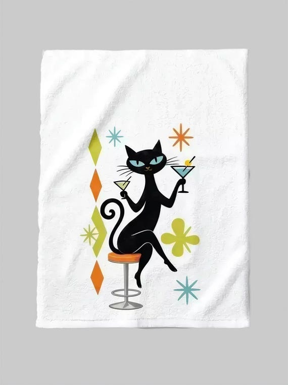 Ms. Whiskers Retro Atomic Black Cat Kitchen Towel | Mid-Century Modern Martini Feline Tea Towel