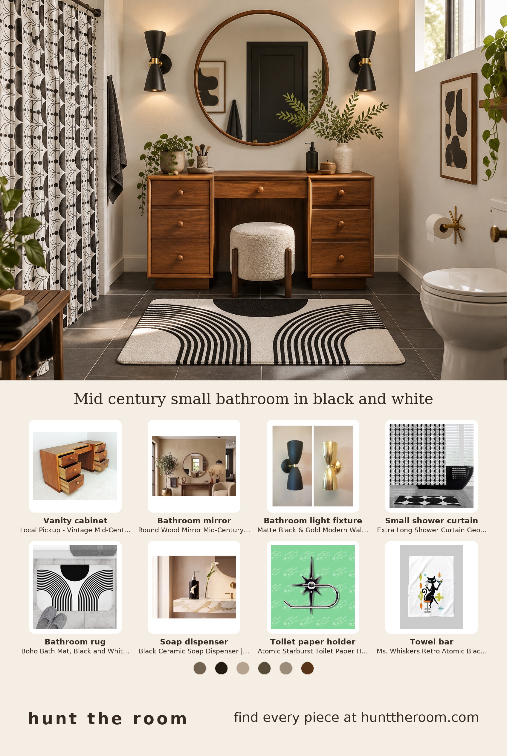 Flat-lay photograph showing a walnut vanity cabinet, round wood-framed mirror in walnut, two styles of matte black and gold wall sconces, a geometric black and white shower curtain, black and white bath mat with abstract pattern, black ceramic soap dispenser, matte black and chrome starburst toilet paper holder, and a towel with a black cat graphic.