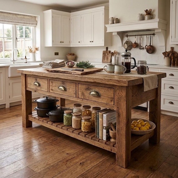 Reclaimed Wood Kitchen Island Rustic Counter Height Kitchen Table, Custom Farmhouse Kitchen Island Wood Counter Height Table with 3 Drawers