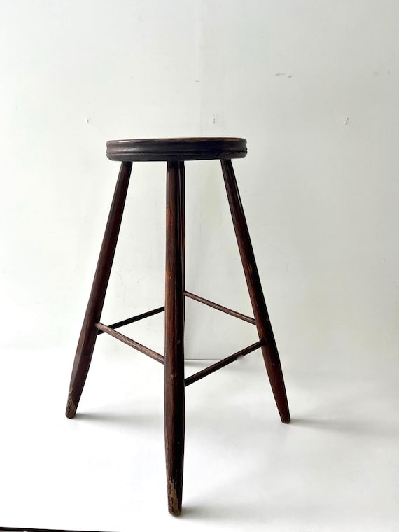 Vintage Wood Bar Stool, Primitive Brown Stool, Rustic Farmhouse Seating, Cottage Cabin Decor