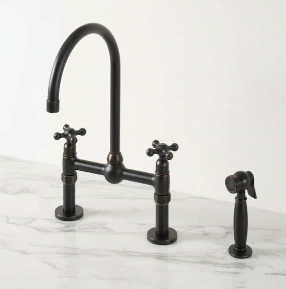 Solid Brass Black Bridge Kitchen Faucet | Matte Black Farmhouse Faucet | Handcrafted Vintage Fixture | Luxury Black Kitchen Faucet