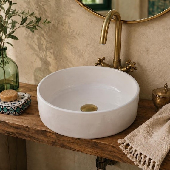 White Ceramic Vessel Sink, Handmade Moroccan Bathroom Basin, Round Pottery Vanity Bowl, Minimalist Farmhouse Sink
