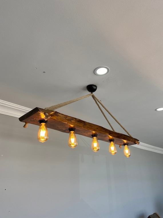 Rustic Wood Beam Chandelier, Farmhouse Rope Pendant Light for Kitchen Island, Wooden Dining Room Ceiling Light