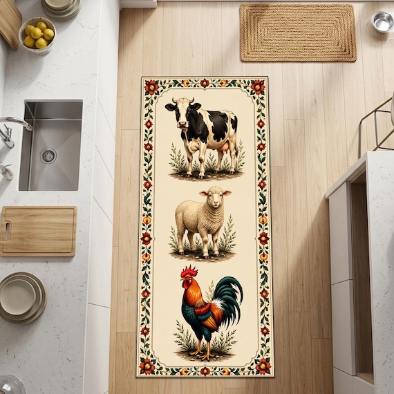 Vintage Farmhouse Kitchen Runner Rug with Cow Sheep Rooster, Folk Art Kitchen Hallway Mat, Farm Animal Decor, Washable Non Slip Floor Mat