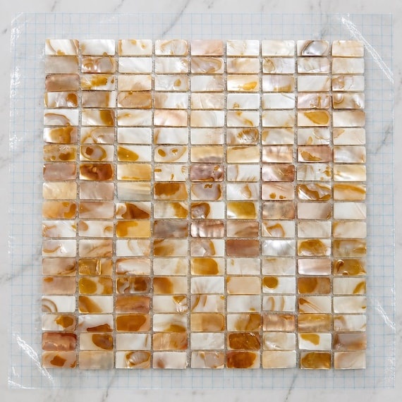 Caramel Spotted Shell Tile, Rectangular Mother of Pearl Mosaic, Amber Mini Subway Backsplash, Organic Modern Decor, Tortoiseshell Wall Sheet