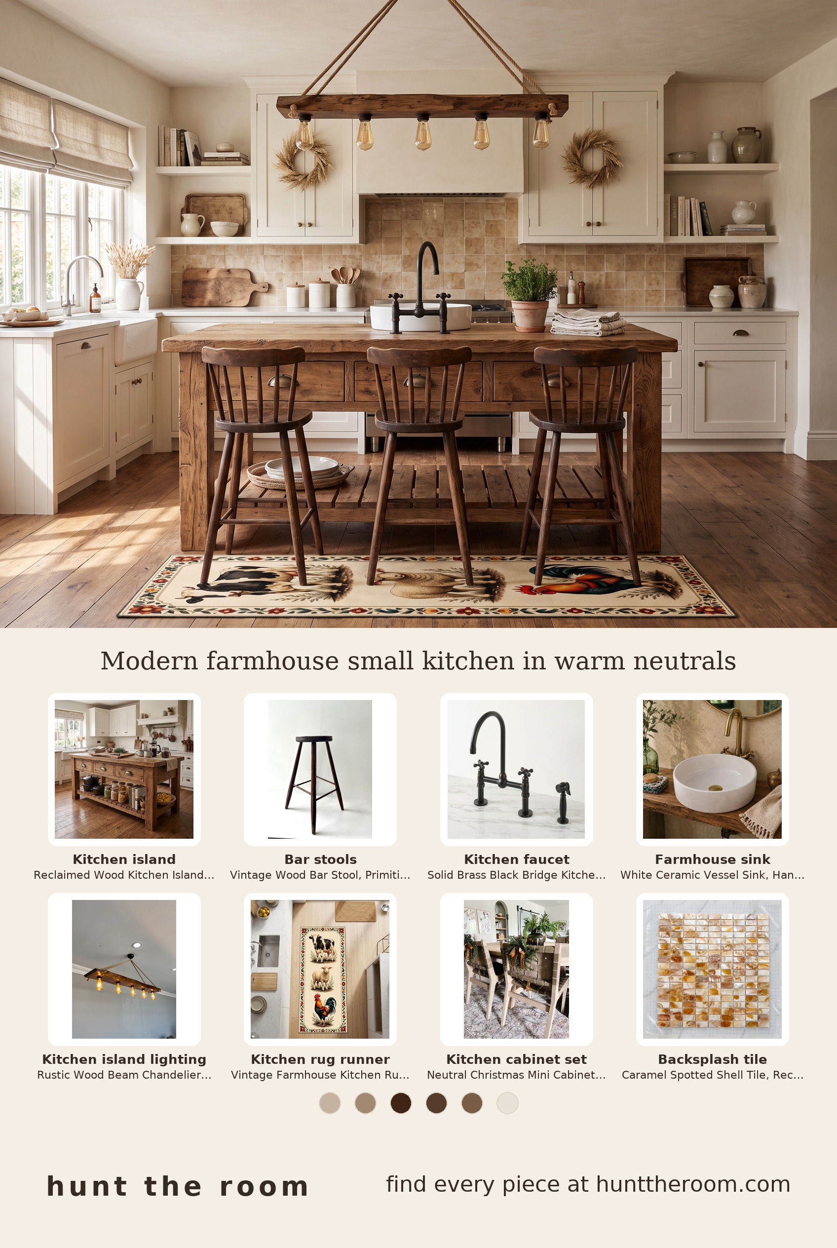 Flat lay of kitchen edit showing reclaimed wood island with drawers and shelf, dark wood bar stools, matte black bridge kitchen faucet, white round ceramic vessel sink, rustic wood beam chandelier, farmhouse runner rug with animal motifs, mini cabinet wreaths, and caramel spotted shell backsplash tiles.