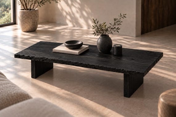 Black Reclaimed Wood Coffee Table, Rustic Low Furniture, Wabi Sabi, Organic Modern, Handmade Furniture