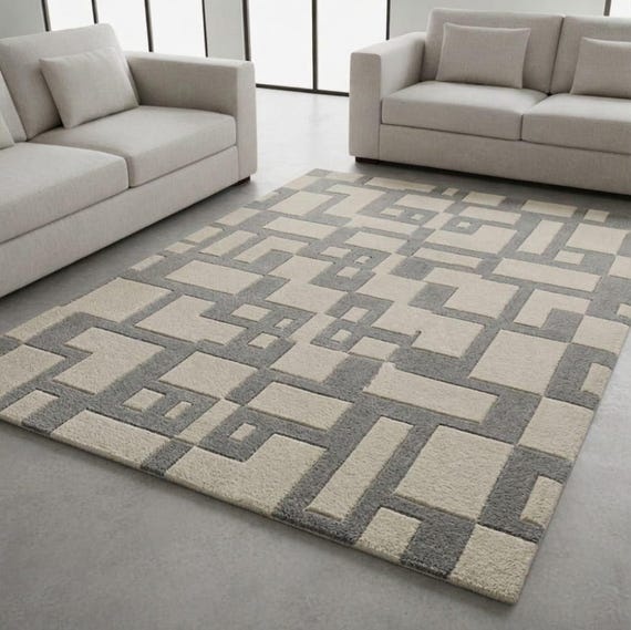 Modern Geometric Area Rug, White Gray Abstract Carpet, Minimalist Living Room Decor