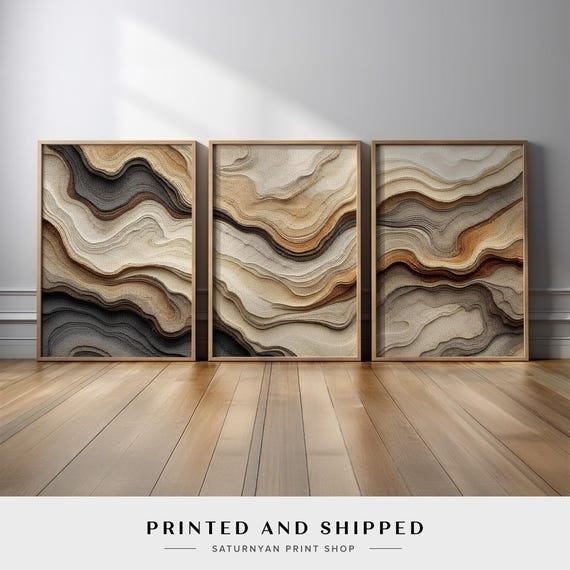 Abstract Neutral Wall Art Triptych | Flowing Sand Beige Taupe and Charcoal Canvas Prints for Contemporary Living Room Decor