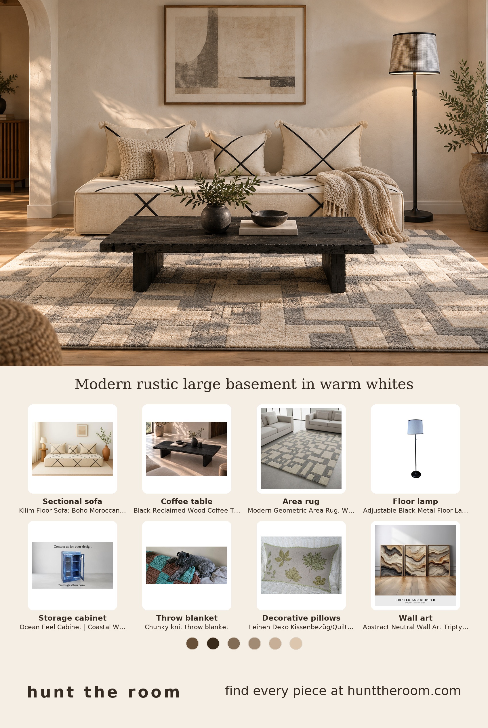 Flat-lay of a modern rustic basement living room edit featuring a Kilim floor sofa with cream and black cross pattern cushions, a low black reclaimed wood coffee table, a geometric white and gray area rug, a black metal floor lamp, a blue coastal cabinet, a chunky knit throw blanket, quilted linen pillows and abstract neutral wall art triptych.