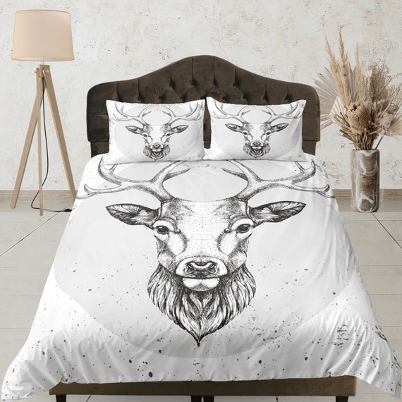 Black and White Deer Art Duvet Cover Set, Cute Aesthetic Bedding Set, Rustic Dorm Quilt Cover, Minimalist Bedroom Set, Unique Bedspread