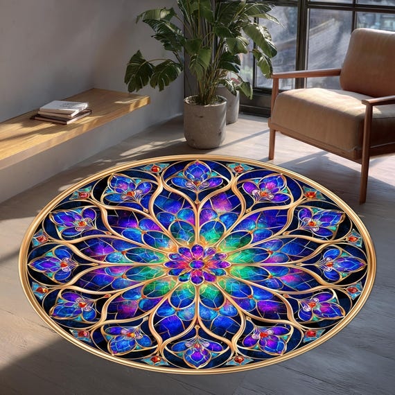 Byzantine Rose Window Round Rug, Ornate Cathedral Floral, Jewel Tone Area Rug