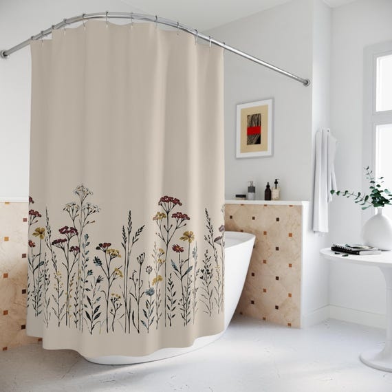 Jewel Toned Wildflowers Cloth Shower Curtain. Featuring slender stems and blooms rising gently along the lower part of the curtain.