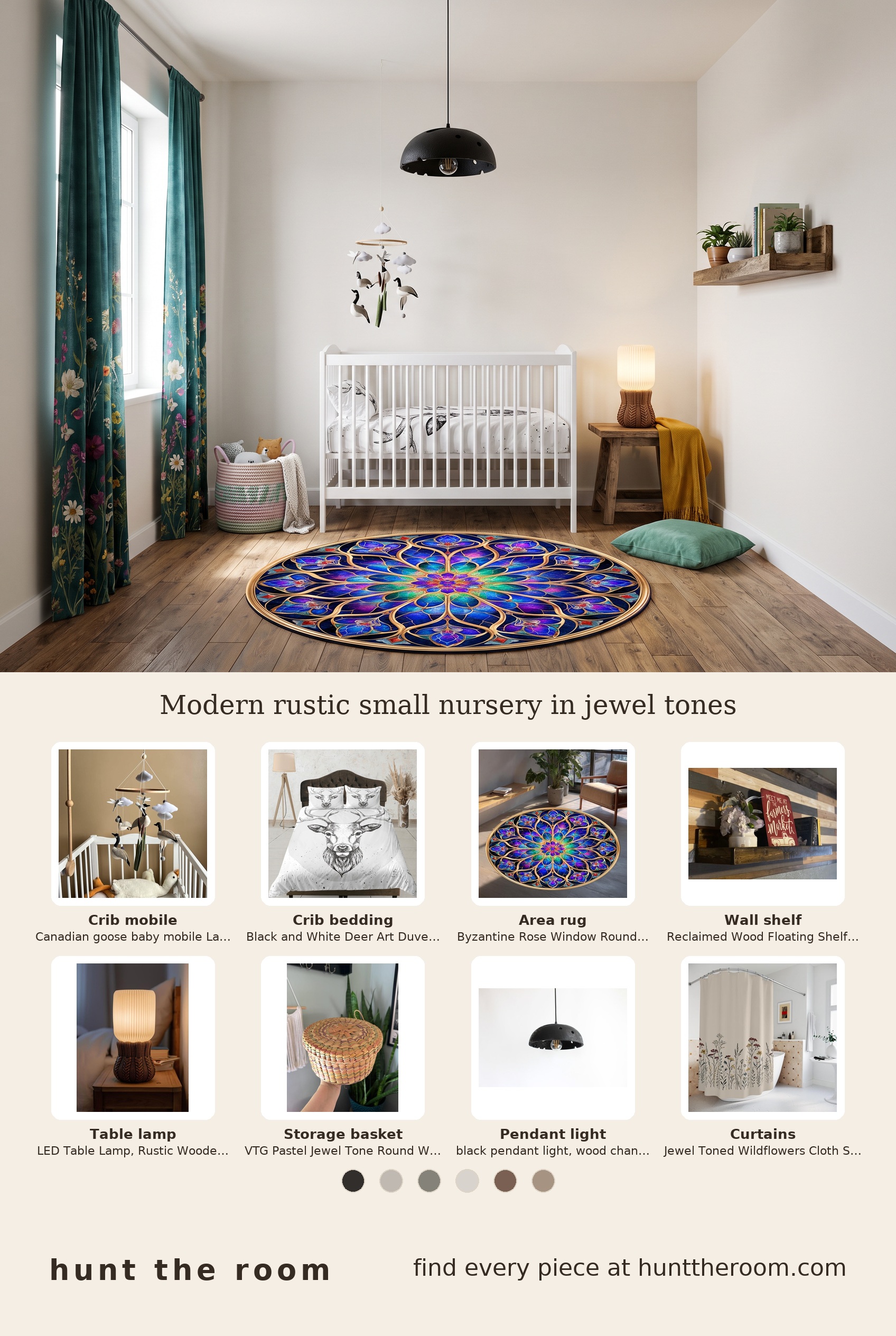 Flat-lay image showing a woodland crib mobile with flying ducks, black and white deer duvet cover on a bed, jewel-toned blue and purple floral round rug, reclaimed wood wall shelf with books and decor, rustic wooden RGB table lamp with pleated shade, jewel-toned woven palm leaf storage basket, black wood pendant chandelier light, and beige curtain printed with jewel-toned wildflowers.