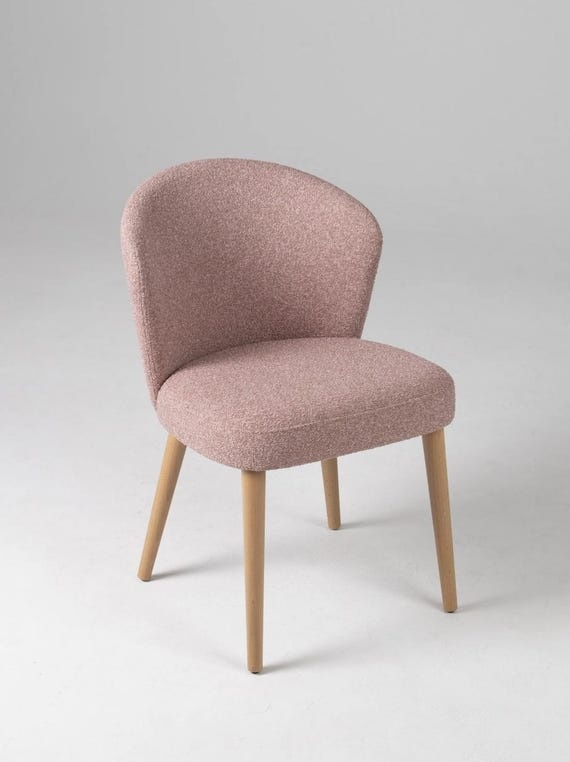 Pastel Pink Boucle Dining Chair, Natural Beech Legs, Scandinavian Style