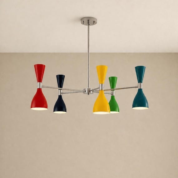 Mid Century Modern Chandelier, Brass Pendant Light, Colorful Pastel Cone Shades
