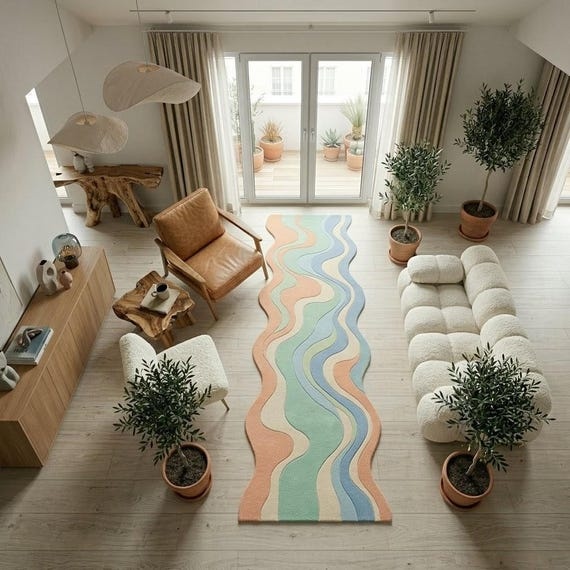 Hand-Tufted Wool Wavy Runner Rug, Pastel Organic Nursery Carpet, Scandi Plush Hallway Runner