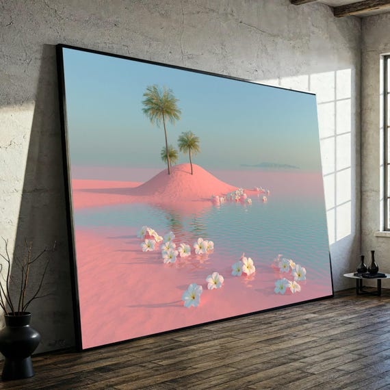 Tranquil Pink Island Canvas, Tropical Palm Trees Wall Art, Serenity Landscape, Floral Water Scene, Modern Home Decoration