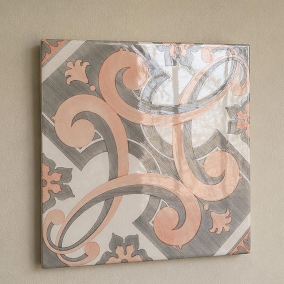 Pastel Pink Grey Ceramic Tile, Elegant Floral Wall Decor, Polished Modern Backsplash