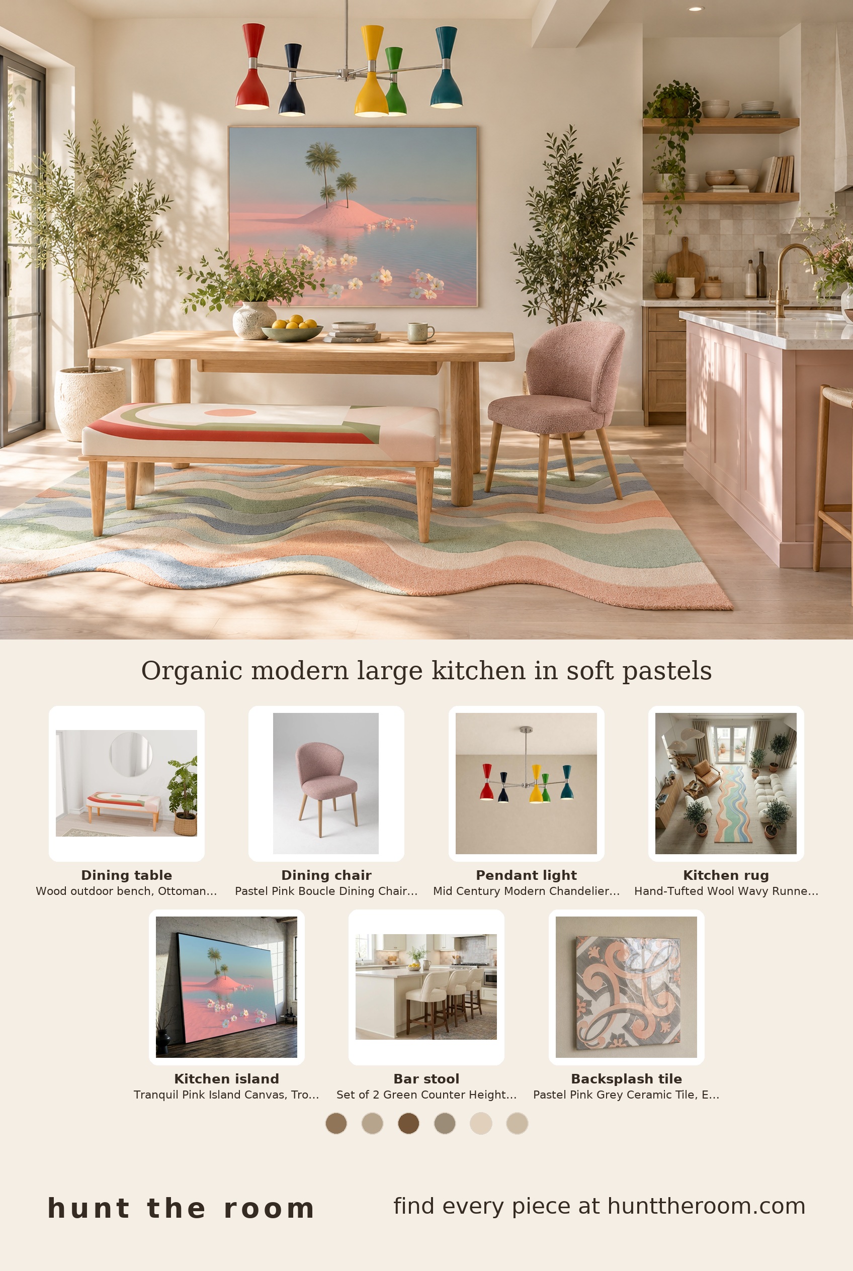 Flat lay image showing wood outdoor bench with textured upholstery, pastel pink boucle dining chair with beech legs, colorful mid century chandelier light, pastel organic wool runner rug with wavy lines, and pink island canvas wall art depicting tropical palms