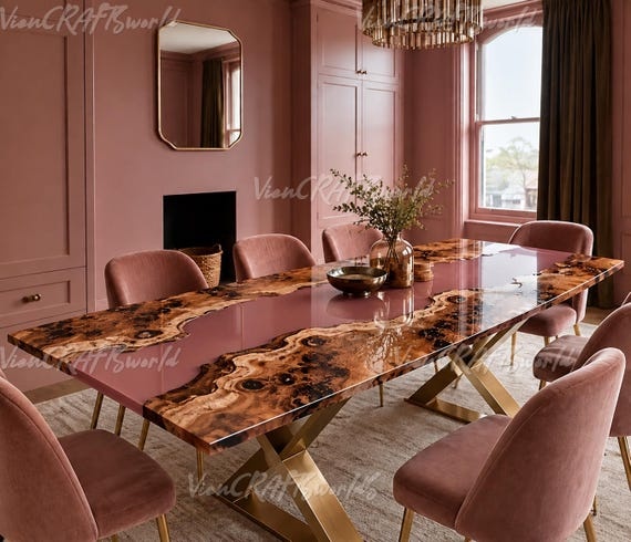 Handcrafted Burl Wood Dining Table, Dusty Rose Epoxy Resin, Gold X-Base