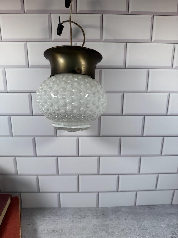 Vintage Hobnail Milk Glass Hanging Light, Brass Tone Pendant Fixture, Small Cottage Farmhouse Swag Lamp, Untested Restoration Lighting