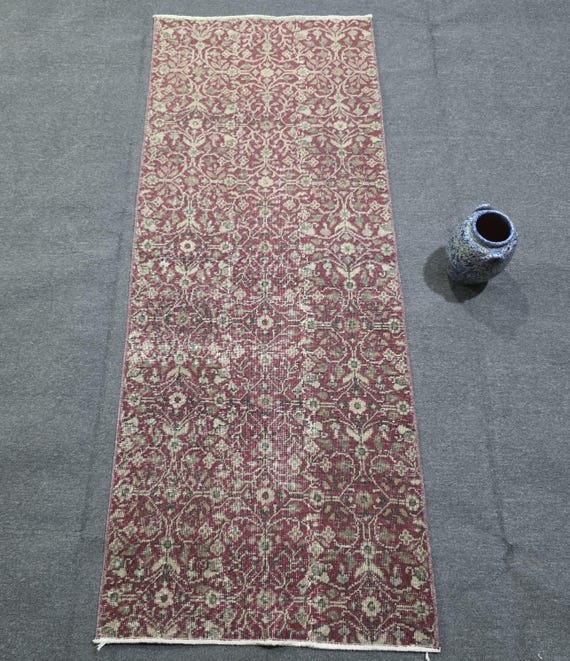 Dusty Red Floral Oushak Runner Rug, Low Pile Wool, 2'2" x 5'8"