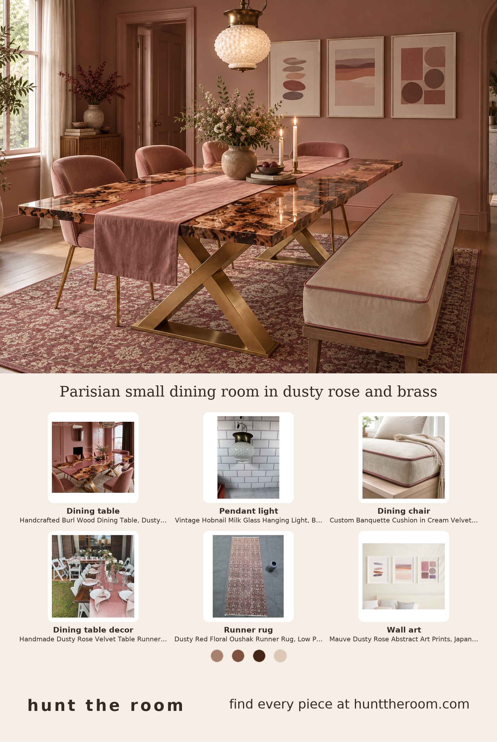 Flat lay showing a handcrafted burl wood dining table with dusty rose epoxy resin and gold x-base, vintage hobnail milk glass brass pendant light, cream velvet custom banquette cushion with dusty rose piping, dusty rose velvet table runner, floral Oushak rug, and abstract dusty rose wall art.