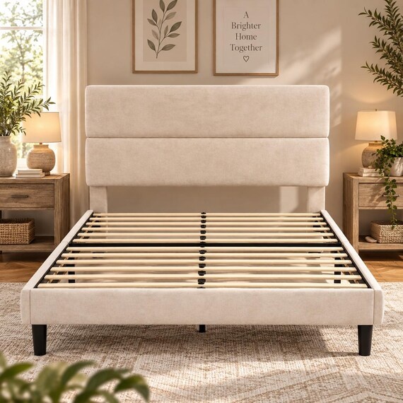 Queen Platform Bed Frame, Beige Velvet Upholstered Headboard, Wooden Slat Support