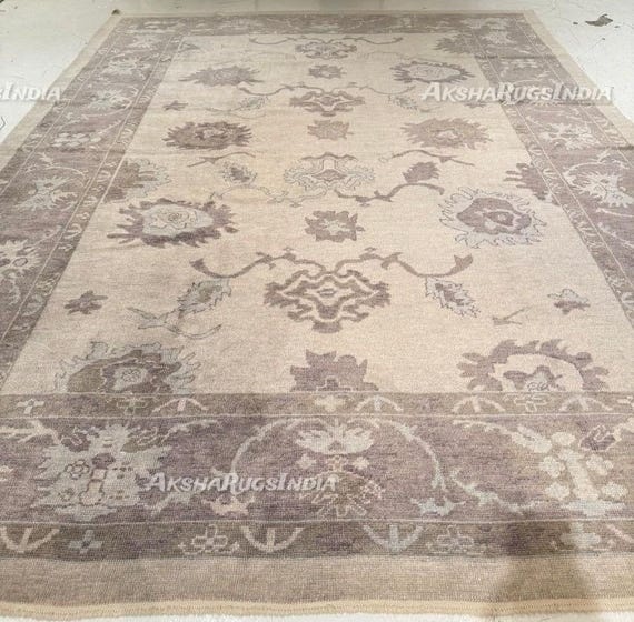 Warm Griege Hand Knotted Turkish Oushak Rug, Vintage Distressed Oatmeal Rug, Neutral Wool Area Rug, Traditional Floral Rug