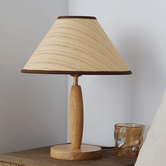 Modern Wooden Table Lamp Woven Fabric Shade Bedside Nightstand Light Minimalist Accent Lamp Japandi Home Decor Unique Housewarming Gift