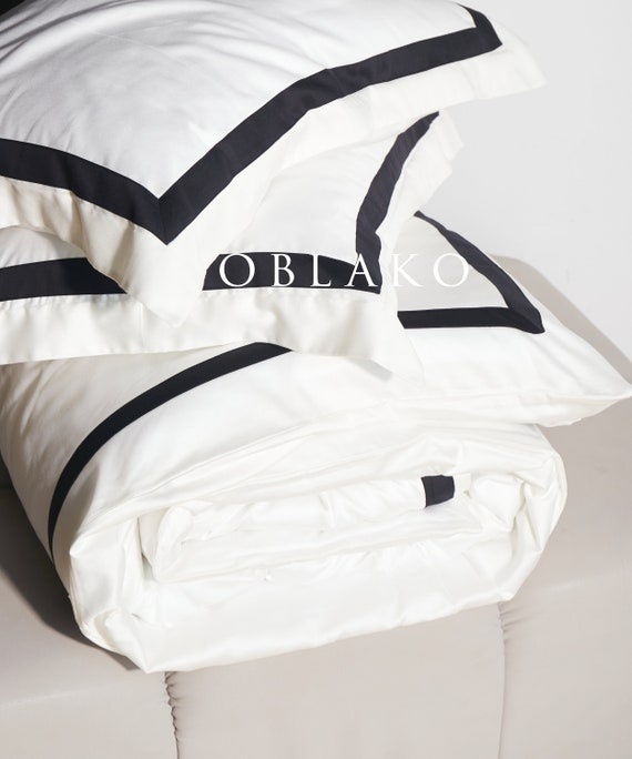 Luxury Bedding Set Sateen Cotton Bordered – Cream White with Edge Duvet Cover – Queen King Full Twin Bed Linen