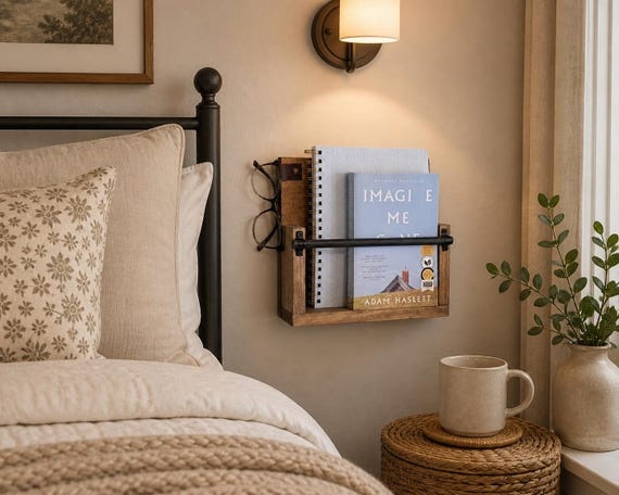 Wall Mounted Bedside Organizer, Small Bedroom Storage, Nightstand Alternative for Apartment or Tiny House