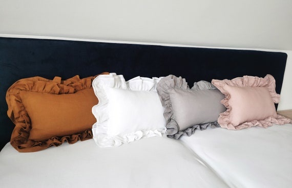 White Linen Pillow with Ruffles, Decorative Rustic Cushion, Neutral European Home Decor, French Country Style